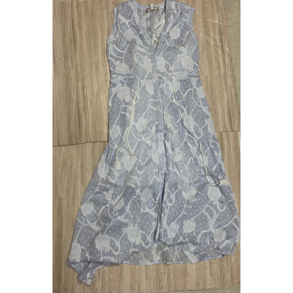 Johnny Was Workshop Blue White Striped Embroidered Maxi Dress Handkerchief Hem M